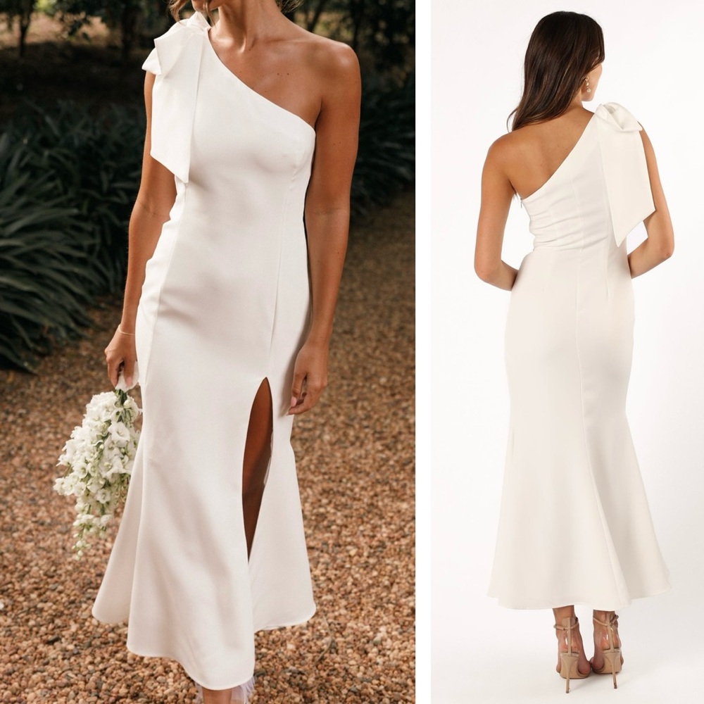 NEW Petal & Pup White Charmed One Shoulder Midi Cocktail Dress Gown Bow Small XS